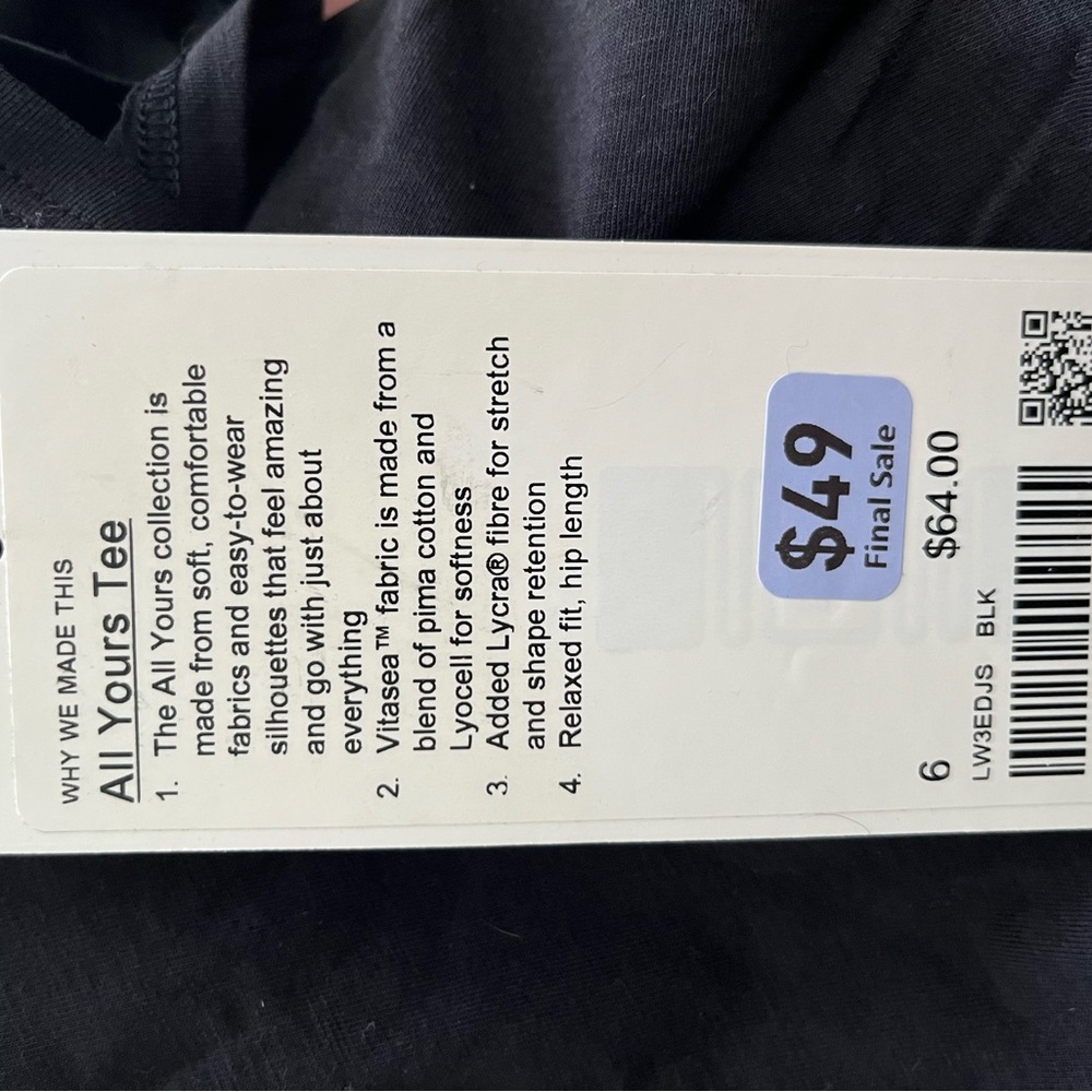 Lululemon All yours tee black size 6